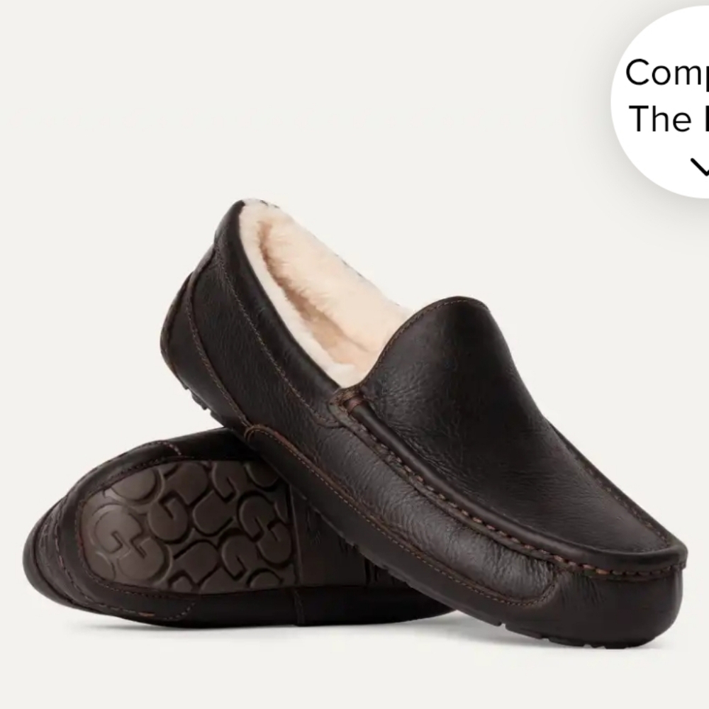 UGG Men's Dark Brown Leather Ascot Slippers, Size 9 NWOT